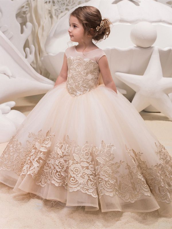 Robe Pour Mariage Fille Champagne Tulle Dentelle Robe Ceremonie Enfant