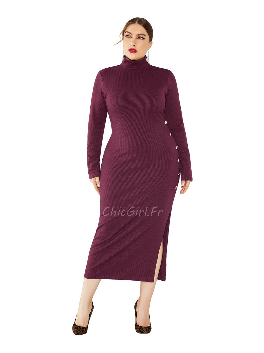 Robe Pull Bordeaux Fourreau Grande Taille Manche Longue Col Montant Avec  Fente