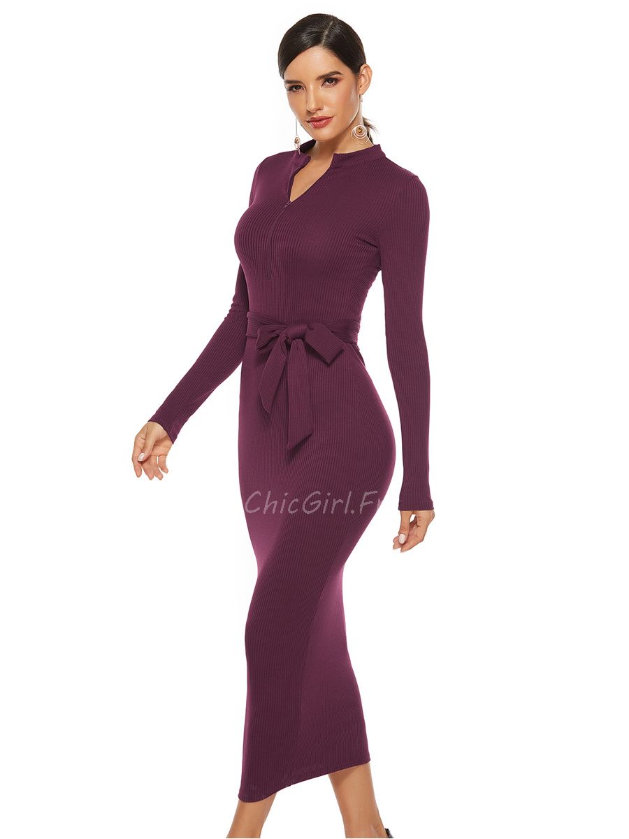 Robe Pull Bordeaux Printemps Elegante Fourreau Manche Longue