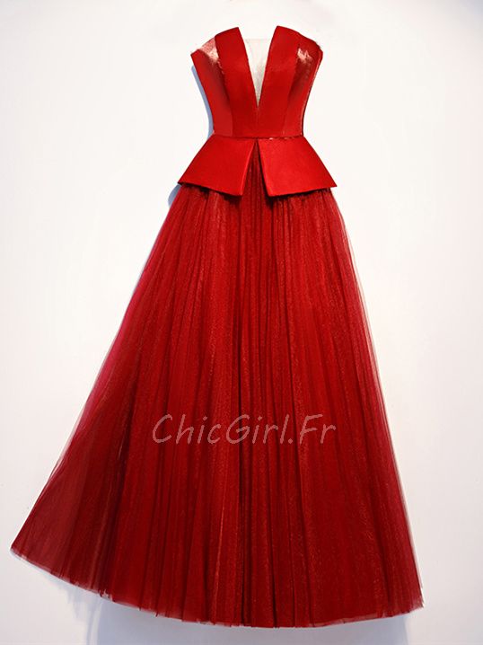 Robe de soirée longue décolleté bal pas cher rouge Tulle lacet dos