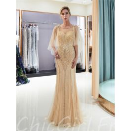 Luxe Robe De Soiree Cintree Tulle Perle Strass Doree Avec Cape