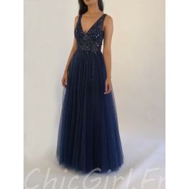 Robe De Soirée Longue En Tulle Pailleté Bleu Marine - Dos Nu - Taille 36/S - Neuve Avec étiquettes