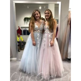Robe De Bal Princesse Longue Bleu Pastel Tulle Fleurie Col V