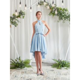 Robe De Cocktail Asymetrique Courte Devant Longue Derriere Licou Bleu Clair Satin