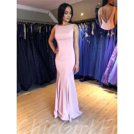 Robe De Soirée Sirène Dos Nu Simple Rose Satin Col Bateau
