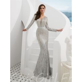Robe De Soiree Sirene Manche Longue Decollete V Plongeant Argentee Paillette Avec Franges