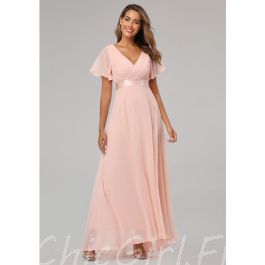 Robe De Soiree Taille Empire Longue Mousseline Rose Poudree Manche Papillon