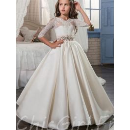 Robe Fille Mariage Princesse Satin Dentelle Manche Robe Ceremonie Enfant