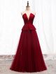 Robe de bal pas cher soirée longue a volant bordeaux tulle Col V