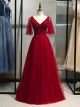 Brillante Robe de Soirée Longue  Bal de Promo Rouge Tulle Perles de Strass Col V Manches a Volant
