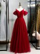 Robe De Soirée Bal Pas Cher Longue Rouge Tulle Col V lacets dans le dos 