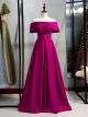 Robe De Soirée Empire Longue rose Fushia Satin  perle a volant Epaule Dénudée