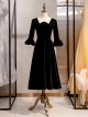 Robe de Soirée Bal Pas Cher Mi Longue Noir Velours a Volant Manche