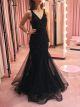 Belles Robe De Soirée Bal Sirène Noire Tulle Perle Col V
