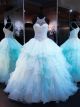 Robe Bal De Promo Princesse Graduation Aqua Organza Licou a Volant Perle