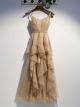 Robe Boheme de Soirée Longue Bal de Promo Champagne Tulle Bretelle Spaghetti a Volant