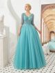Robe De Soirée Bal Scintillante Luxe Longue Bleu Azur Tulle Col Montant Pearl Strass