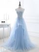 Jolie Robe De Bal De Finissants Longue Bleu Clair Fleurie Tulle A Volant