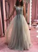 Jolie Robe De Bal Princesse Longue Beige Tulle Perle Col V