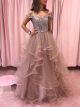 Jolie Robe De Bal Princesse Longue Vieux Rose Tulle Volant Strass Epaule Dénudée
