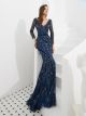 Magnifique Robe De Soirée Luxe Cintrée Manche Longue Bleu Marine Paillette Brillante