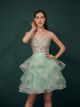 Robe De Bal Courte Cocktail Tulle Volants Vert Menthe Paillette Fine Bretelle