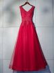 Robe De Bal De Finissants Longue Rouge Tulle Dentelle Col V