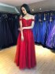 Robe De Bal De Promo Longue Rouge Dentelle Epaule Dénudée