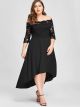 Robe De Bal Grande Taille Courte Devant Noire Satin Dentelle Manche Epaule Dénudée