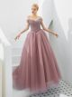 Chic Robe De Bal Princesse Epaule Dénudée Longue Tulle Vieux Rose Perle