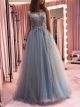 Robe De Bal Princesse Longue Bleu Gris Tulle Perlé Strass Décolleté Bretelle