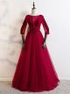 Robe De Soirée Bal Manche Longue Rouge Tulle Dentelle Perle Brillante Col Bateau