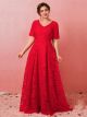 Robe De Bal Soirée Grande Taille Elegante Longue Rouge Dentelle Manche Col V