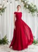 Robe De Cérémonie Mariage Longue Fluide Mousseline Dentelle Rouge Epaule Couverte