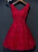 Robe De Cocktail Bal Chic Courte Rouge Dentelle Perle Strass Col V