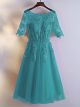 Robe De Cocktail Bal Courte Bleu Turquoise Tulle Dentelle Col Bateau Demi Manche