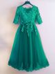 Robe De Cocktail Bal Mi Longue Verte Tulle Dentelle Col Rond Manche 3 4