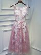Robe De Cocktail Bal Mi Longue Vieux Rose Tulle Dentelle Dos Nu Col Bateau
