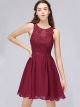 Robe De Cocktail Fete Courte Bordeaux Mousseline Dentelle Perle