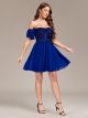 Robe De Cocktail Graduation Courte Epaule Dénudée Bleu Roi Mousseline Paillette