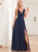 Robe De Demoiselle d'honneur Bleu Marine Mousseline Glitter Sans Manche Avec Fente