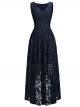 Robe De Soirée Asymétrique Courte Devant Bleu marine Dentelle Col V