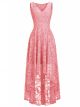 Robe De Soirée Asymétrique Elegante Courte Devant Corail Dentelle Col V