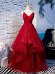 Robe De Soirée Bal Bouffante Longue Rouge Tulle Volant Avec Bretelle