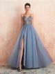 Robe De Soirée Bal Chic Longue Bleu Gris Tulle Perle Avec Fente Bretelle