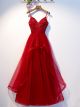 Robe De Soirée Bal Chic Longue Rouge Tulle Perles Avec Bretelle Volant