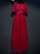 Robe De Soirée Bal Elegante Longue Rouge Tulle Dentelle Demi Manche Col Bateau