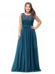 Robe De Soirée Bal Grande Taille Longue Bleu Marine Dentelle Mousseline Col Rond