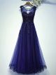 Robe De Soirée Bal Longue Bleu Marine Tulle Dentelle Col Bateau Dos Ouvert