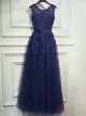 Robe De Soirée Bal Longue Argentée Tulle Dentelle Perle Col Bateau